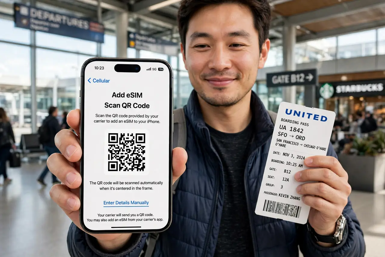 Photoreal photo: a person at an airport holding a real iPhone showing a legible eSIM QR code setup screen, a boarding pass in the other hand, the person's face relieved and happy, bright terminal. No black screen, no blank white scree