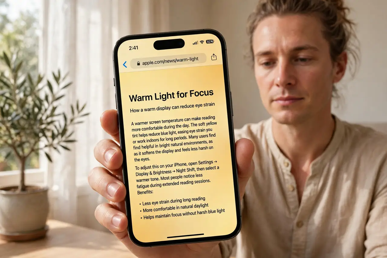 True Tone Makes the Screen Yellow — a calm adult holding a real iPhone showing a white web page with a noticeably warm yellow tint in fully legibl