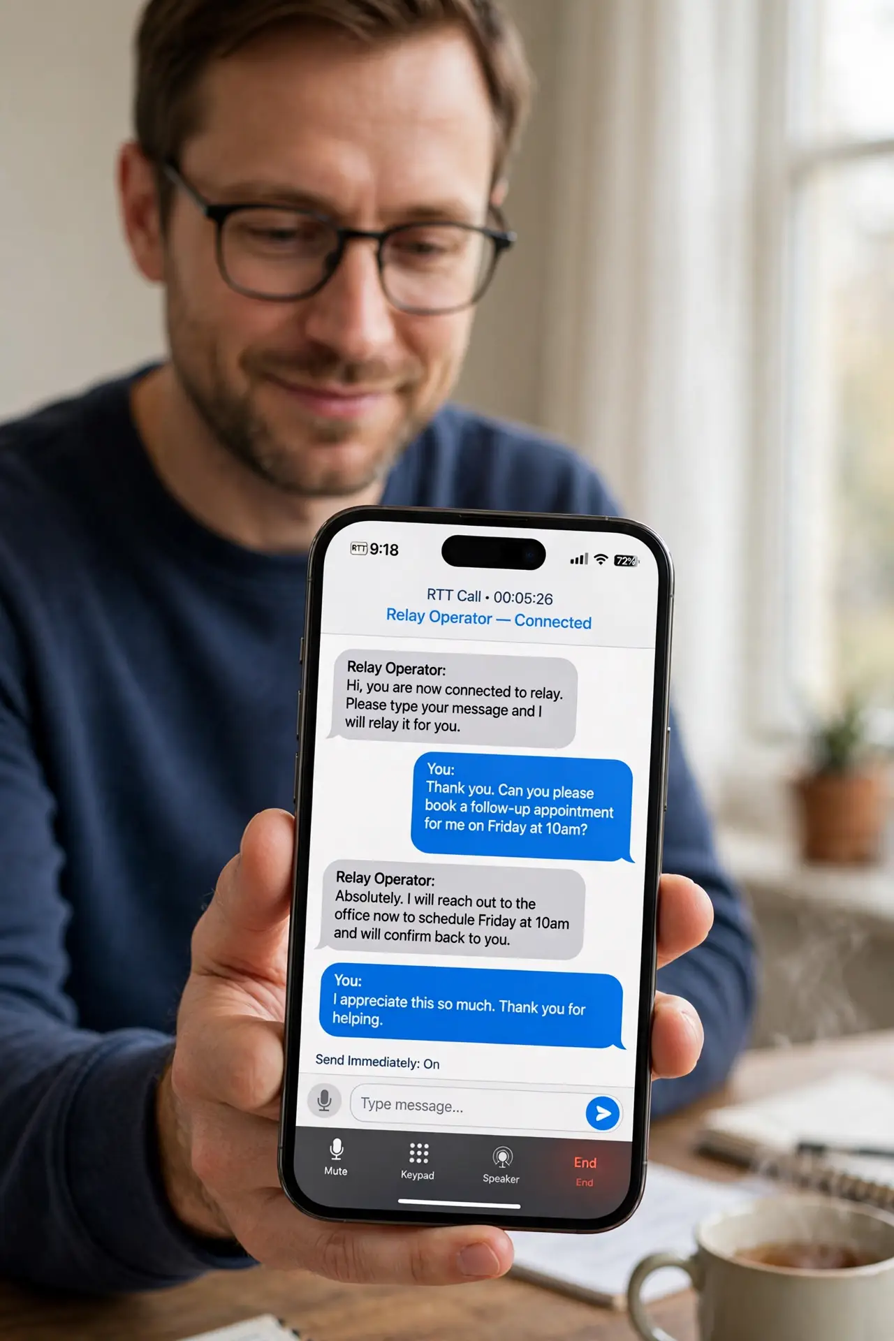 a person using TTY relay on a real iPhone with relay text conversation legible on screen, the person's face grateful, quiet room.
