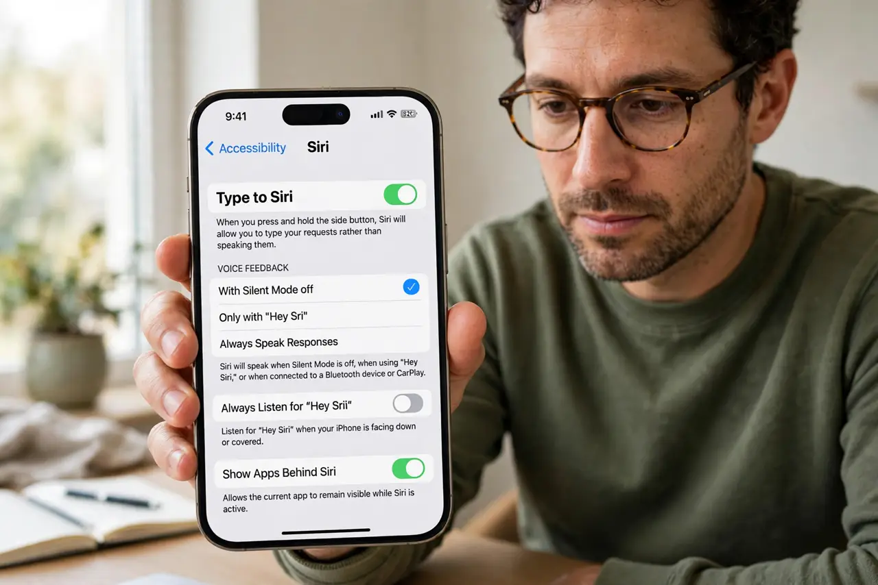 A person calmly performing the guide's first step: Enable Type to Siri.