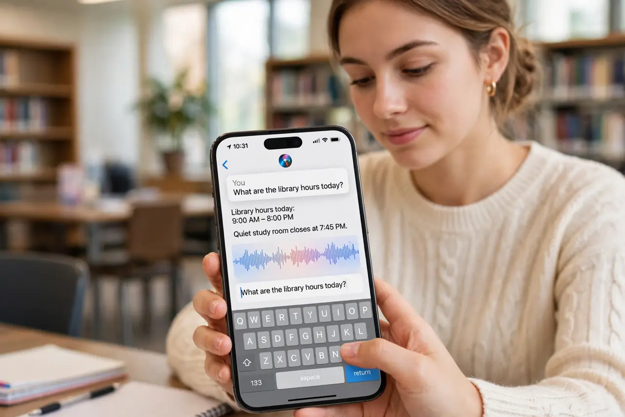 a person typing a request to Siri on a real iPhone in a quiet library, the typed Siri interface legible, the person's face calm, soft library light. No black screen, no blank white.