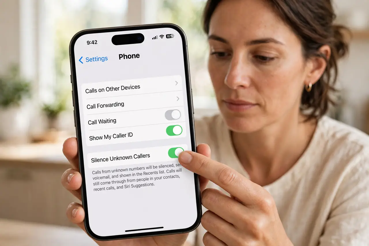 Person performing step 1: Turn on Silence Unknown Callers. Open Settings, then Phone, then Silence Unknown Callers, and turn it on. Unknown numbers go to...