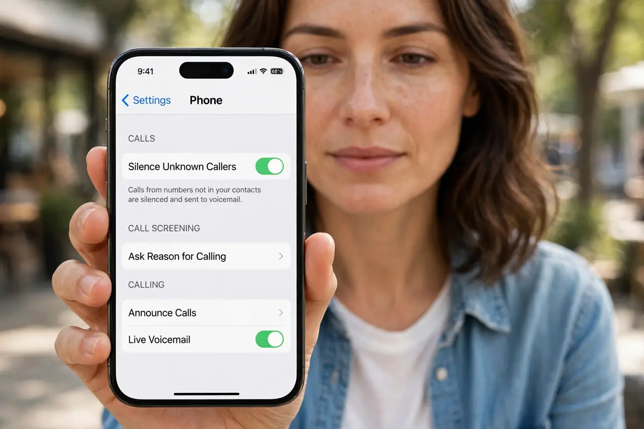 Photorealistic photo: A calm adult holding an iPhone toward the viewer, the real iPhone screen showing Settings, Phone, Silence Unknown Callers toggled on and legible.