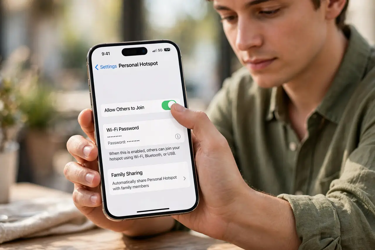 A person carrying out step one: enable personal hotspot.
