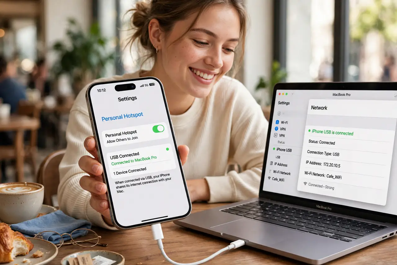 A person connecting a real iPhone to a real laptop with a real USB cable, the laptop screen showing a legible network connection indicator, the person's face…