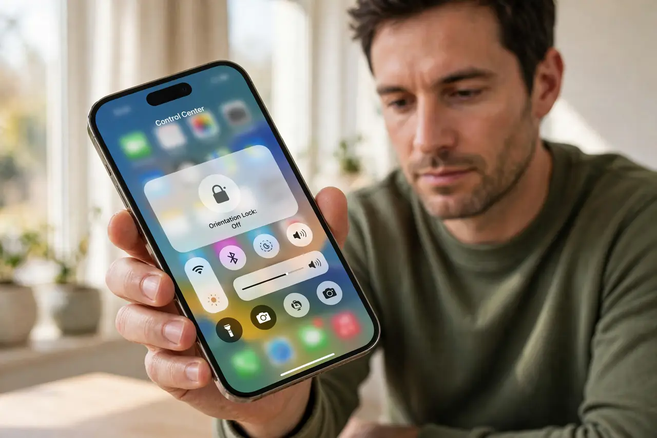 Person performing step 1: Turn orientation lock off and rotate. Open Control Center and make sure the orientation lock is off. Then rotate the phone to landscape...