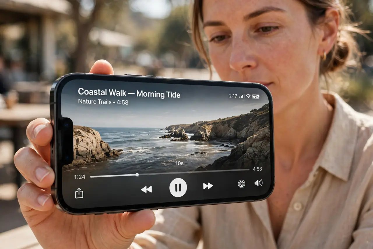 Photorealistic photo: A calm adult holding an iPhone sideways toward the viewer, the real iPhone screen showing a video playing upright in landscape with controls legible.