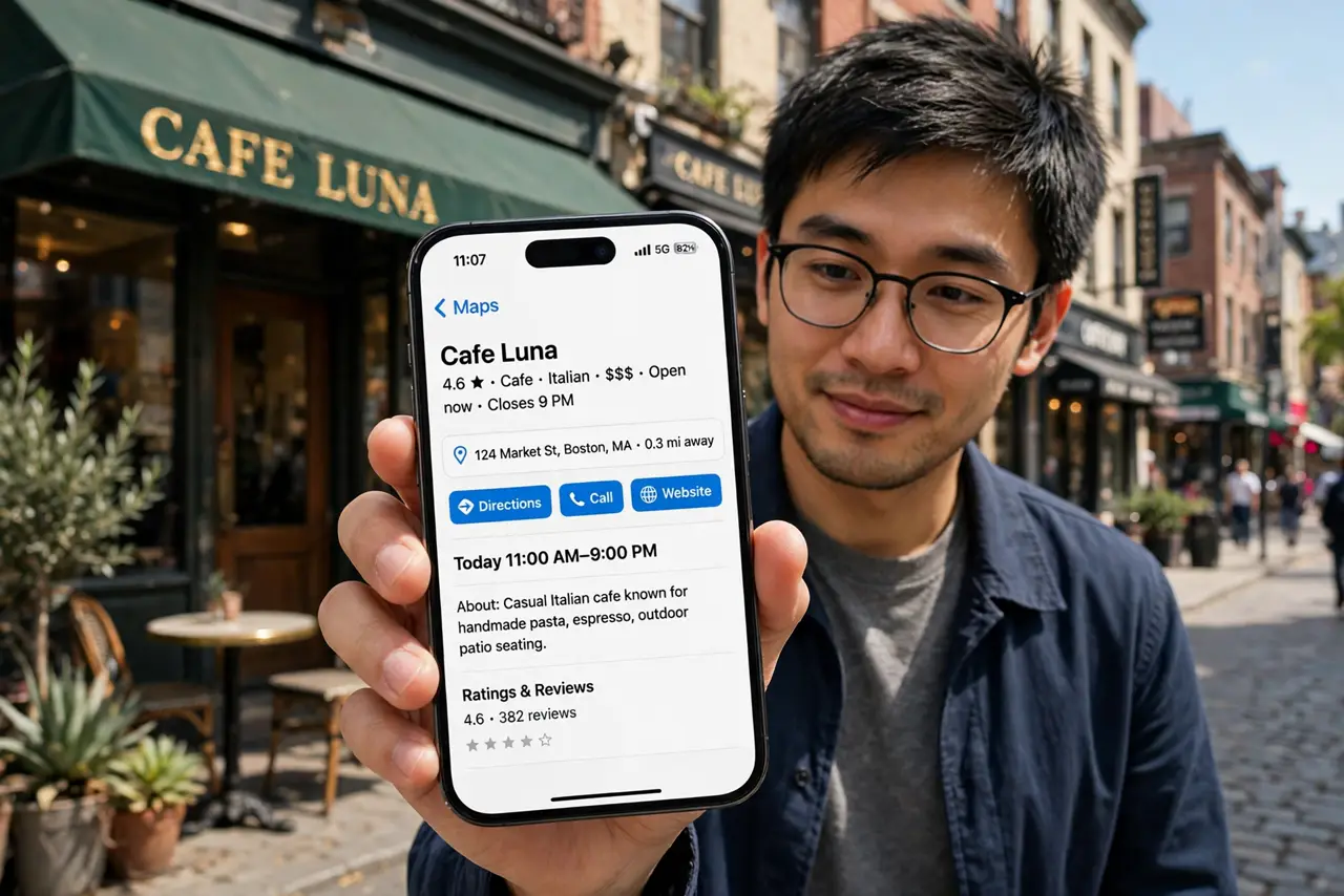 a person holding a real iPhone pointed at a restaurant storefront, the screen showing identified business information legibly, the person's face curious and ...