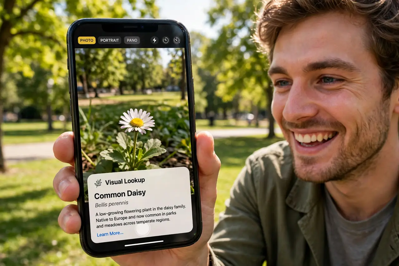 a person pointing a real iPhone camera at a flower with the Visual Lookup info card identifying the plant species, the person's face delighted, sunny park. No black screen, no blan.