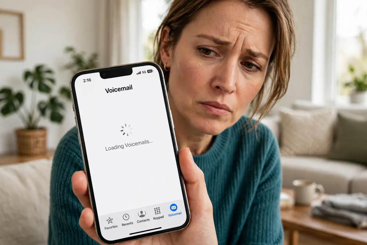 Visual Voicemail Not Working — a puzzled adult holding a real iPhone showing the voicemail tab stuck on a loading spinner with fully legible