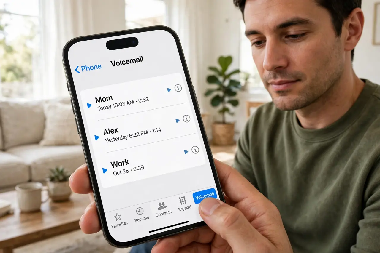 Photoreal photo of a person performing the first step: Open the voicemail section of your phone app. On iPhone, tap Phone then Voicemail at the bottom