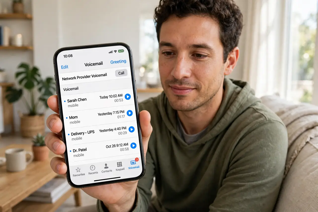 Photoreal photo: a person holding a real iPhone showing the Phone app's Voicemail tab with a legible list of voicemail messages and a play button, the person's face relaxed, bright living room. No black screen, no blank white screen,