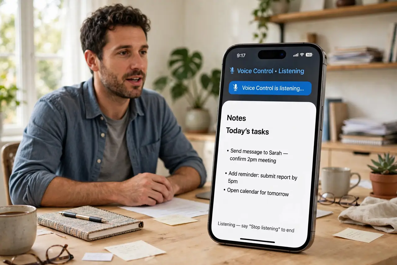 A person speaking to a real iPhone showing the Voice Control active indicator with legible screen text, hands free on a desk, the person's face calm, bright…