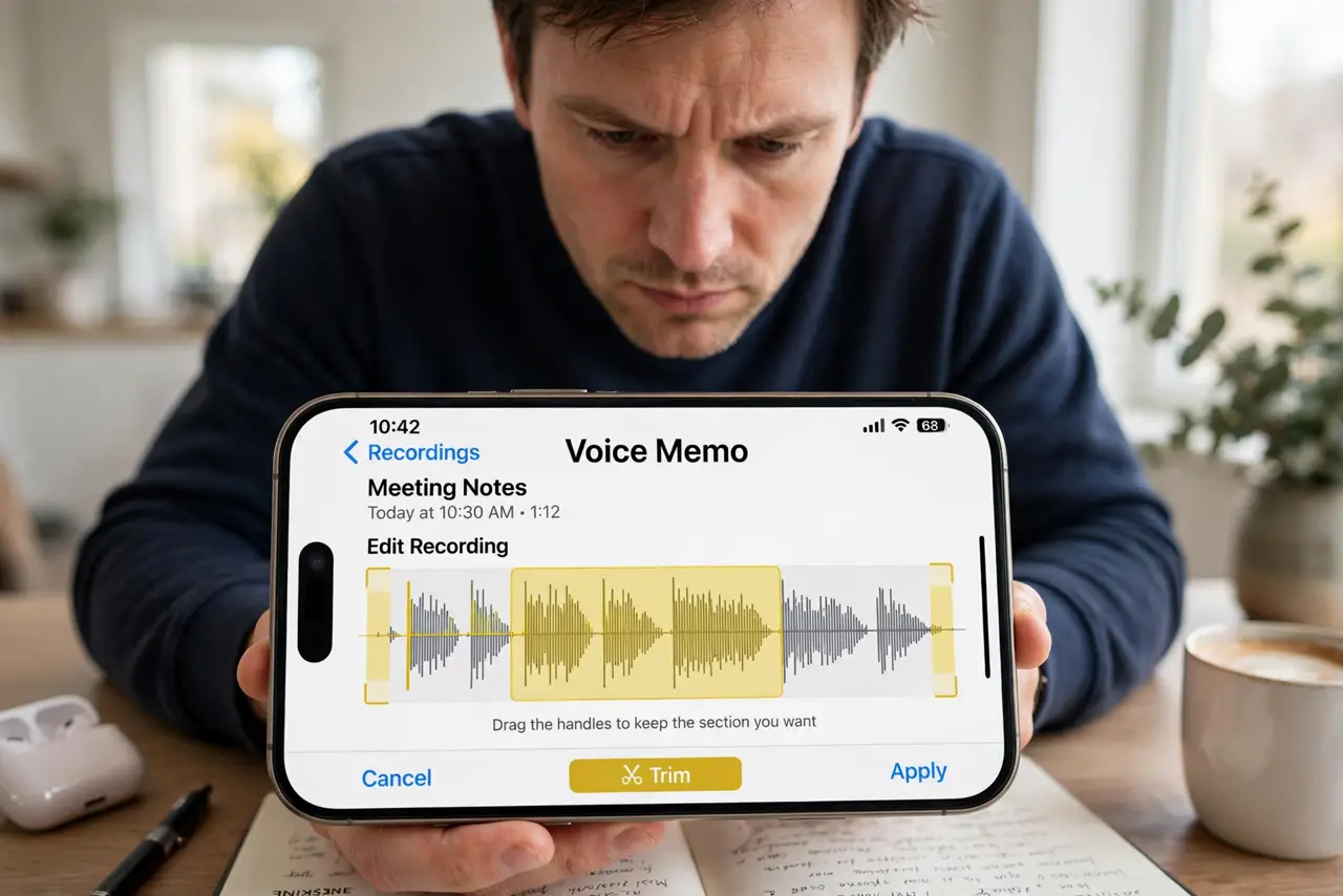 A person trimming a voice memo on a real iPhone with the yellow trim handles and waveform fully legible, the person's face concentrated, at a desk.