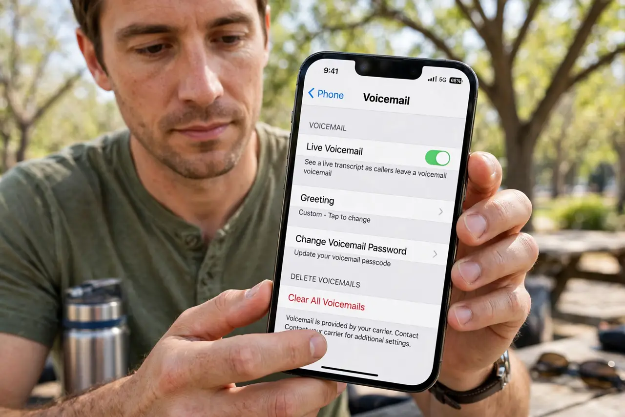 A person calmly performing the guide's first step: Open the voicemail settings.