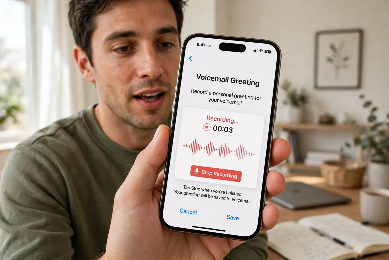 a person holding a real iPhone showing the voicemail greeting recording screen with record button visible, the person speaking into the phone, bright home office. No black screen, .