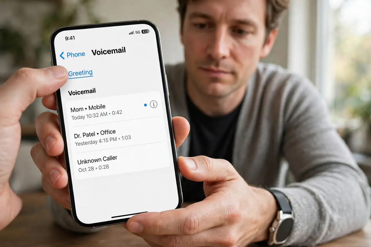 Person performing step 1: Open Voicemail and tap Greeting. Open Phone, then Voicemail, then Greeting. If it shows Default, your custom greeting is gone, and you...