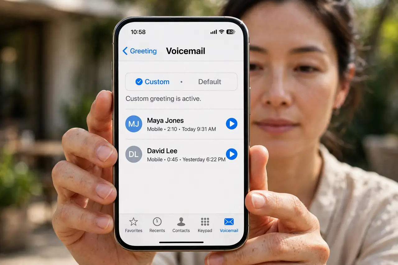 Photorealistic photo: A calm adult holding an iPhone toward the viewer, the real iPhone screen showing the Phone app Voicemail tab with the Greeting button legible.