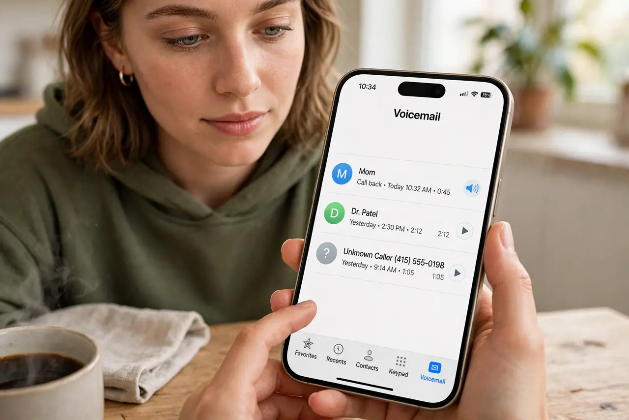 A person calmly performing the guide's first step: Open the Voicemail tab.