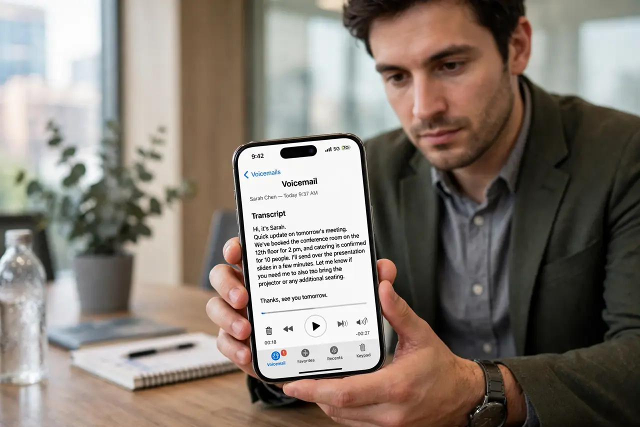 a person holding a real iPhone showing the voicemail tab with a transcribed message, the person reading discreetly in a meeting room, face attentive. No black screen, no blank whit.