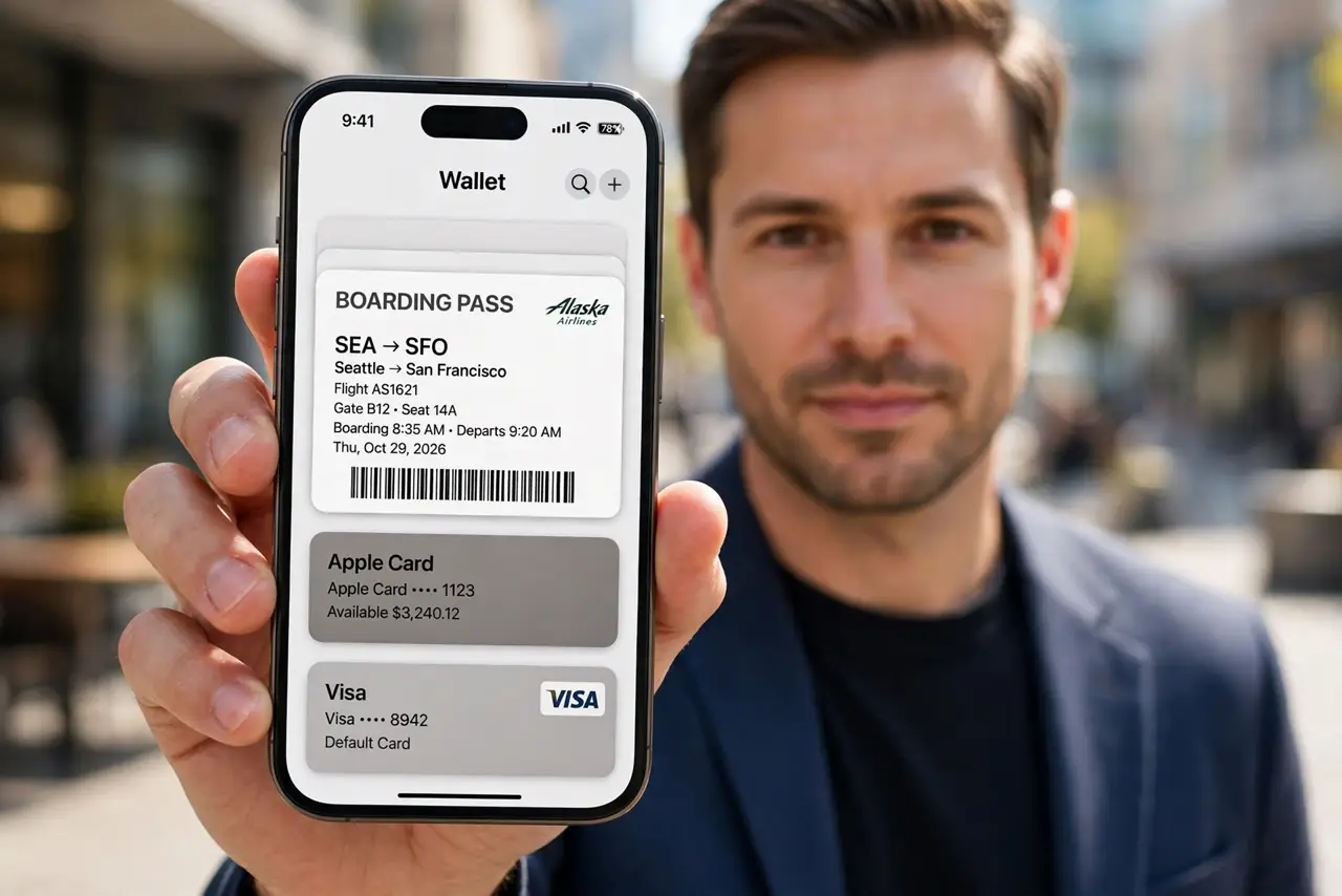 A person holding a real iPhone showing the Wallet app with payment cards and boarding passes stacked, all text legible on screen, the person's face confident…