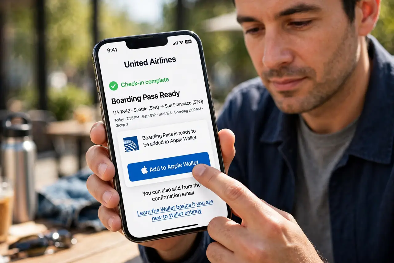 A person performing the first step of the guide: Add the pass from the airline app.