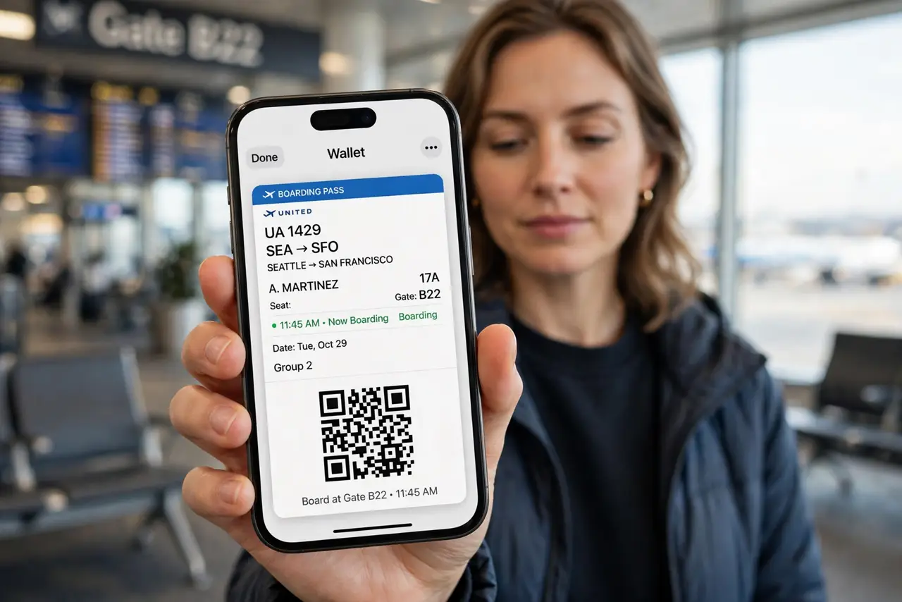 a person at an airport gate holding a real iPhone showing a boarding pass in Apple Wallet with a legible QR code, departure boards blurred in the background, the person's face calm, daytime.