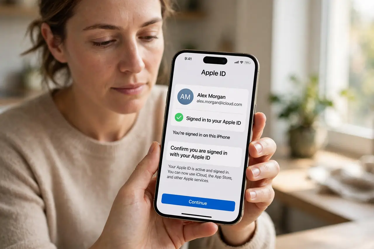 Person performing step 1: Confirm you are signed in with your Apple ID. Open Settings, tap your name, and confirm you are signed in. Signing out can remove Wallet...