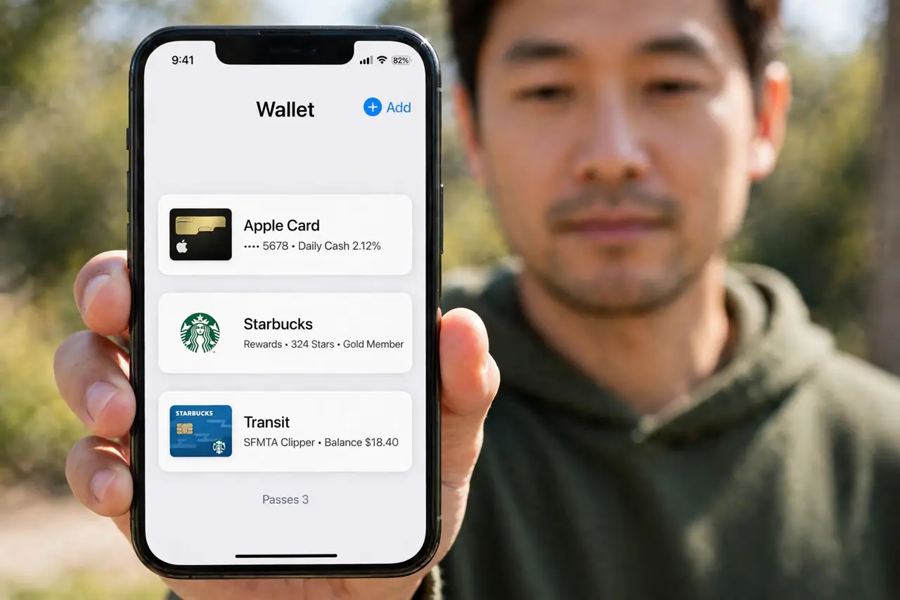 Photorealistic photo: A calm adult holding an iPhone toward the viewer, the real iPhone screen showing the Wallet app with cards listed and the add button legible.