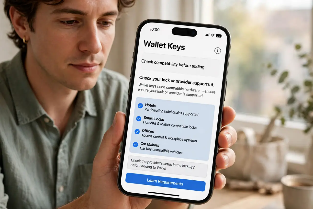 A person performing the guide's first step: Check your lock or provider supports it. Wallet keys need compatible hardware — participating hotel chains, smart locks, offices, and car…