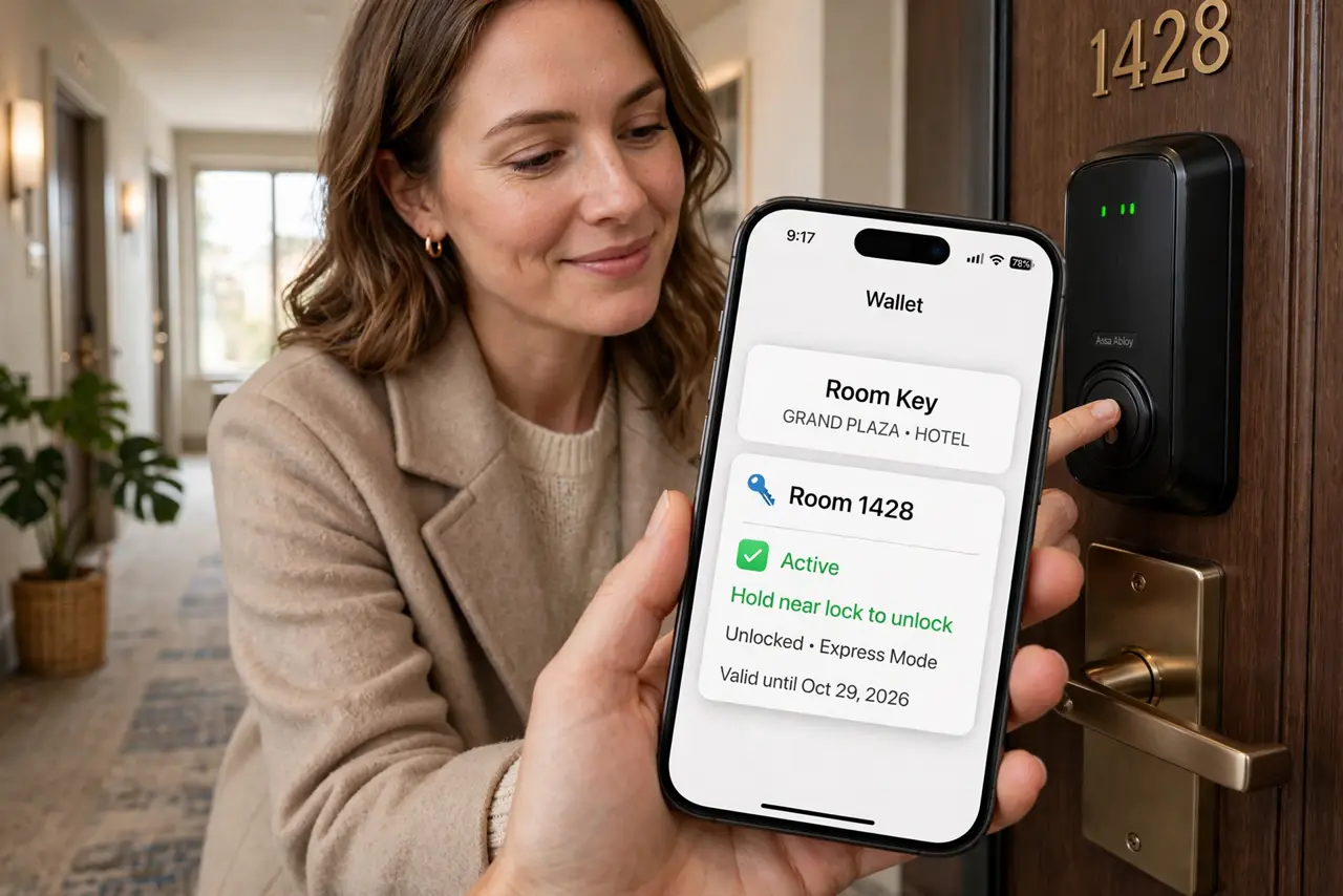 A person tapping a real iPhone against a real hotel door lock with a legible key card UI on the phone screen, the person's face pleased, hotel hallway..