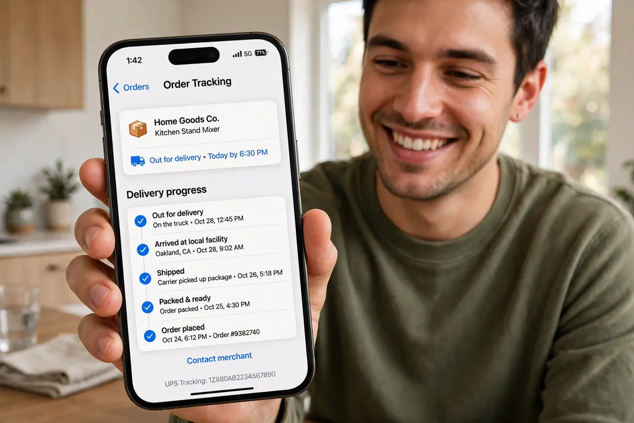 A person checking an order's delivery progress on a real iPhone in Apple Wallet with the tracking timeline fully legible, the person's face pleased, at home.