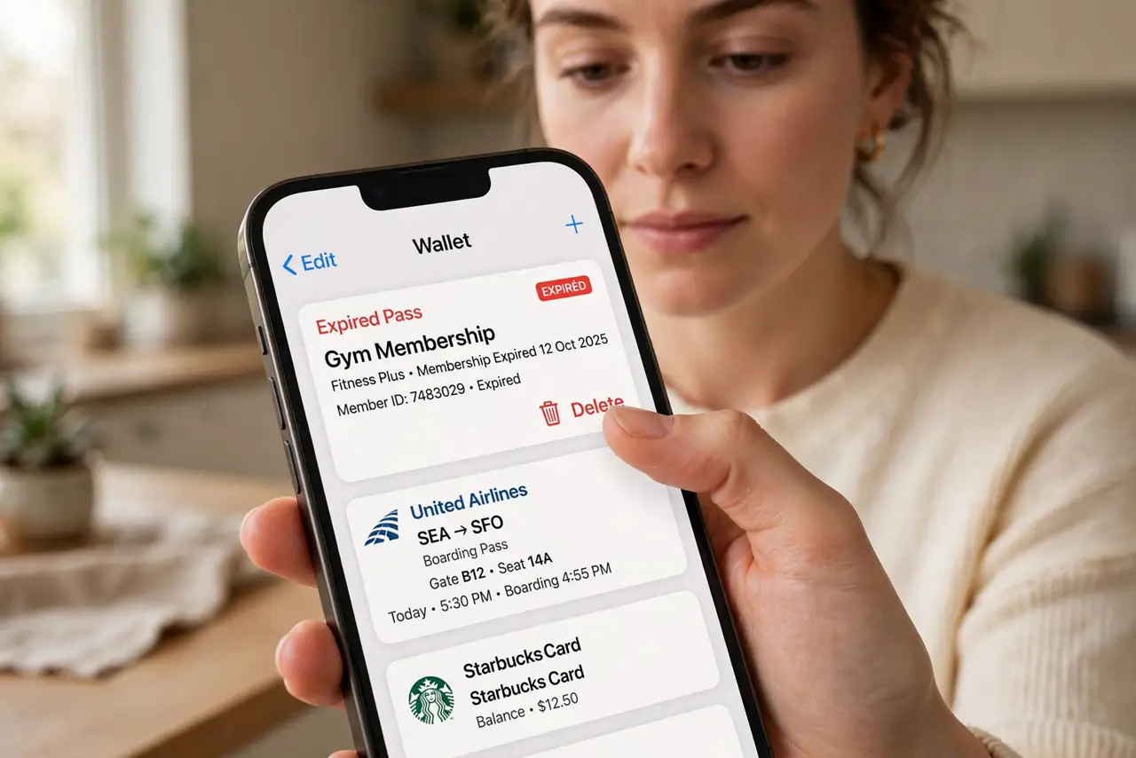a person holding a real iPhone showing Apple Wallet with several passes visible and legible, the person's thumb deleting an expired pass, the person's face focused, home setting.