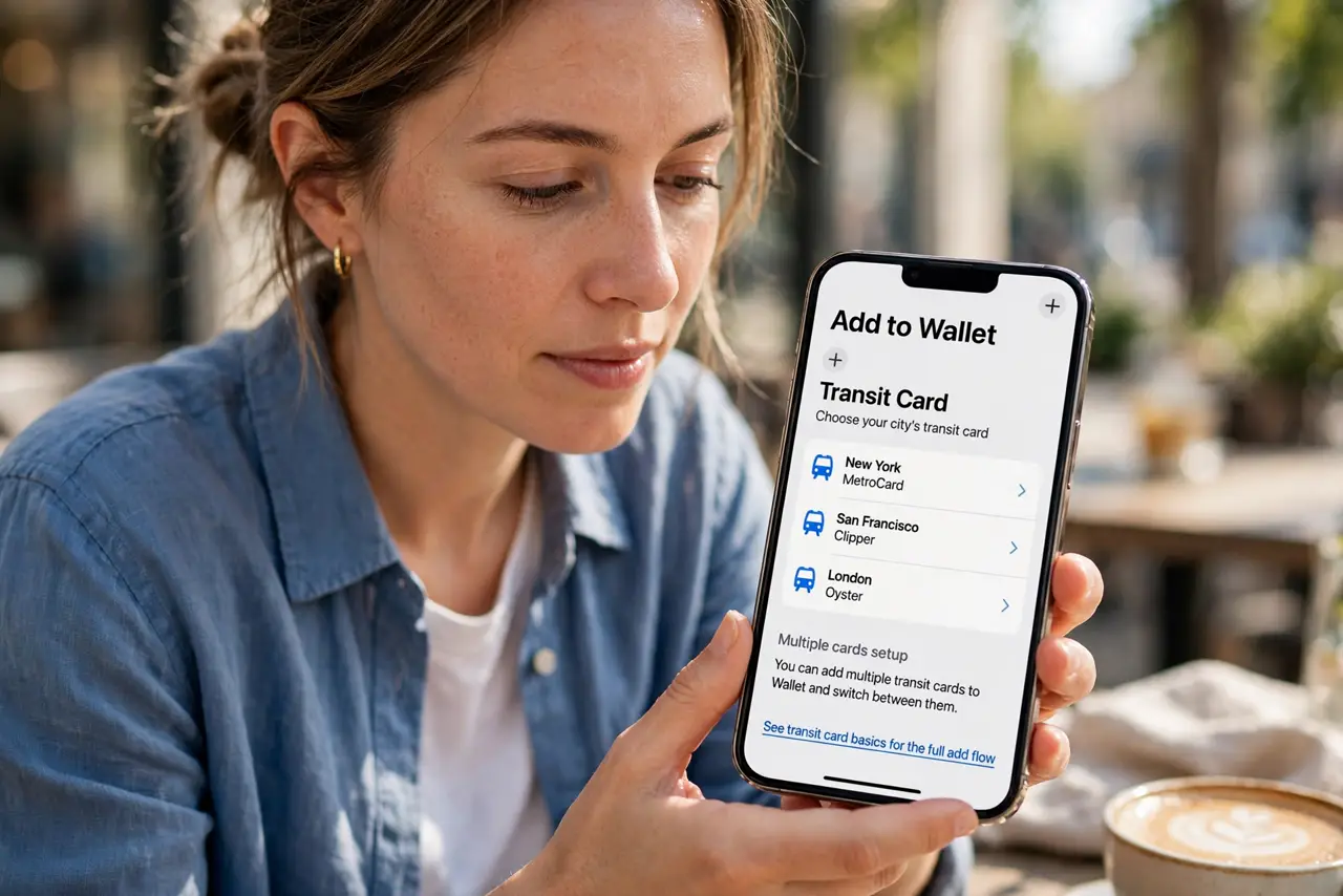 A person performing the first step of the guide: Add your transit card.