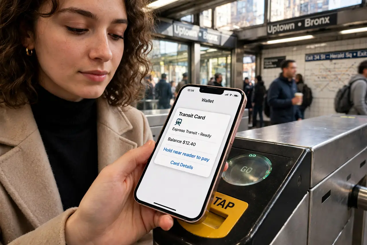 a person tapping a real iPhone on a subway turnstile reader, the Wallet transit card visible and legible on screen, the station bustling behind, the person's face calm, daytime.