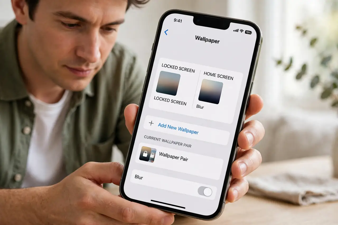 Person performing step 1: Open Wallpaper settings. Open Settings, then Wallpaper, and look at the current Lock Screen and Home Screen pair. This shows exactly...