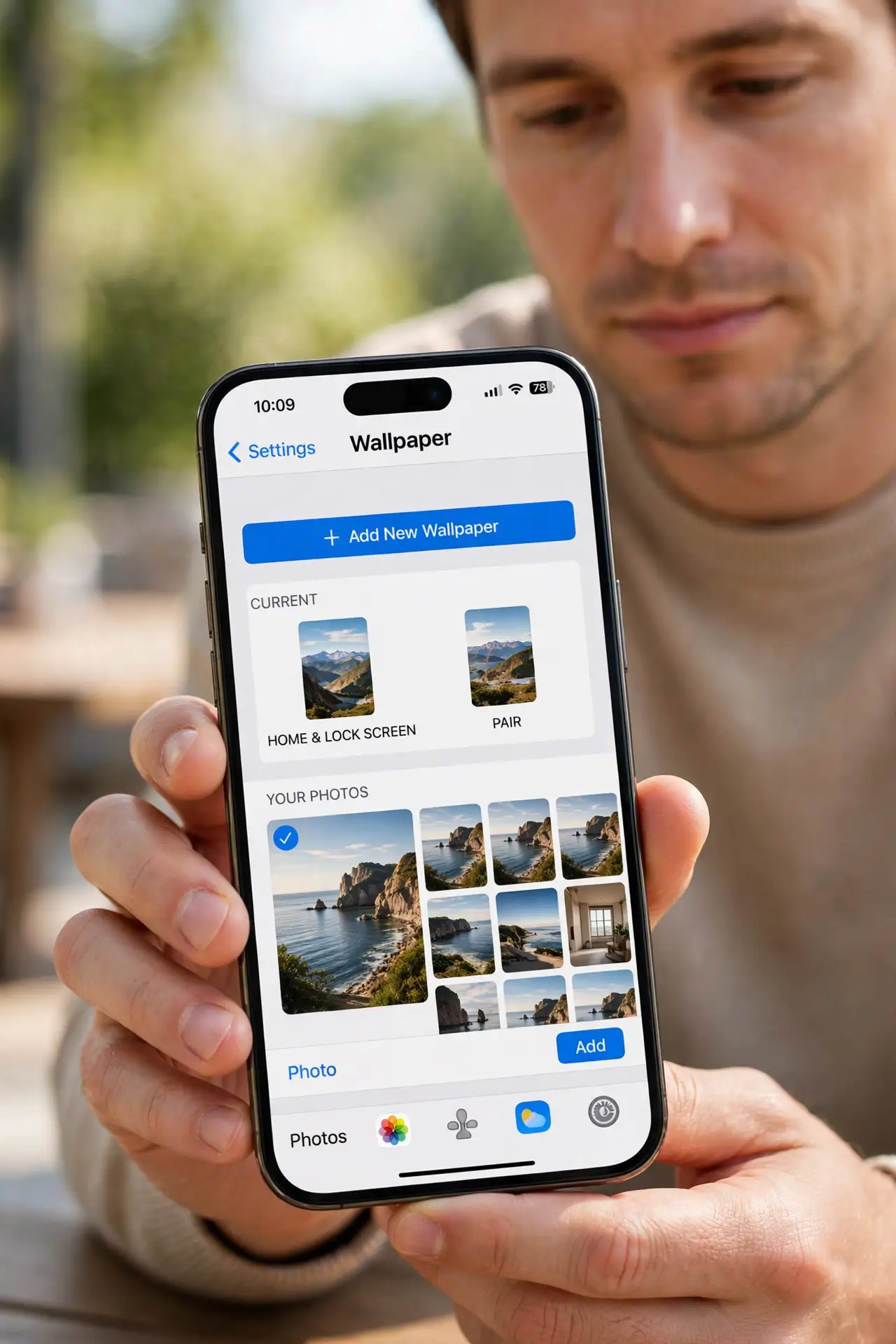 Photorealistic photo: A calm adult holding a real iPhone, the real Wallpaper settings screen visible complete and legible showing a photo wallpaper, the person choosing a wallpaper calmly.