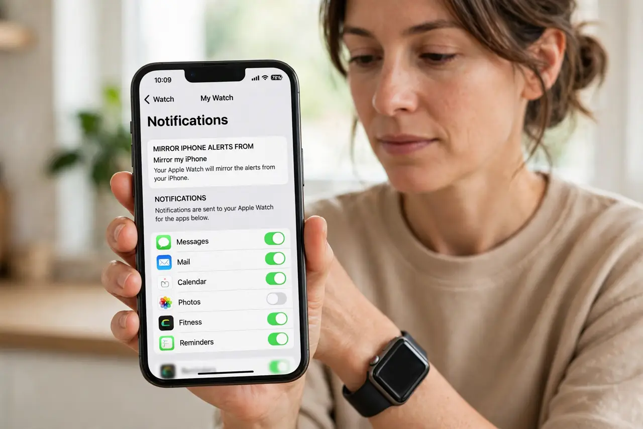 Photorealistic photo: A calm adult wearing an Apple Watch, holding an iPhone, the real iPhone screen showing the Watch app Notifications list with app toggles legible.