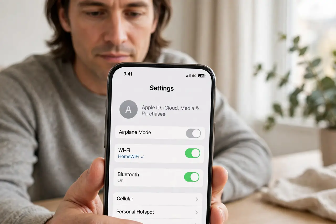 Person performing step 1: Turn Bluetooth and Wi-Fi on. On the iPhone, open Settings and confirm both Bluetooth and Wi-Fi are on. Pairing needs both, even though...