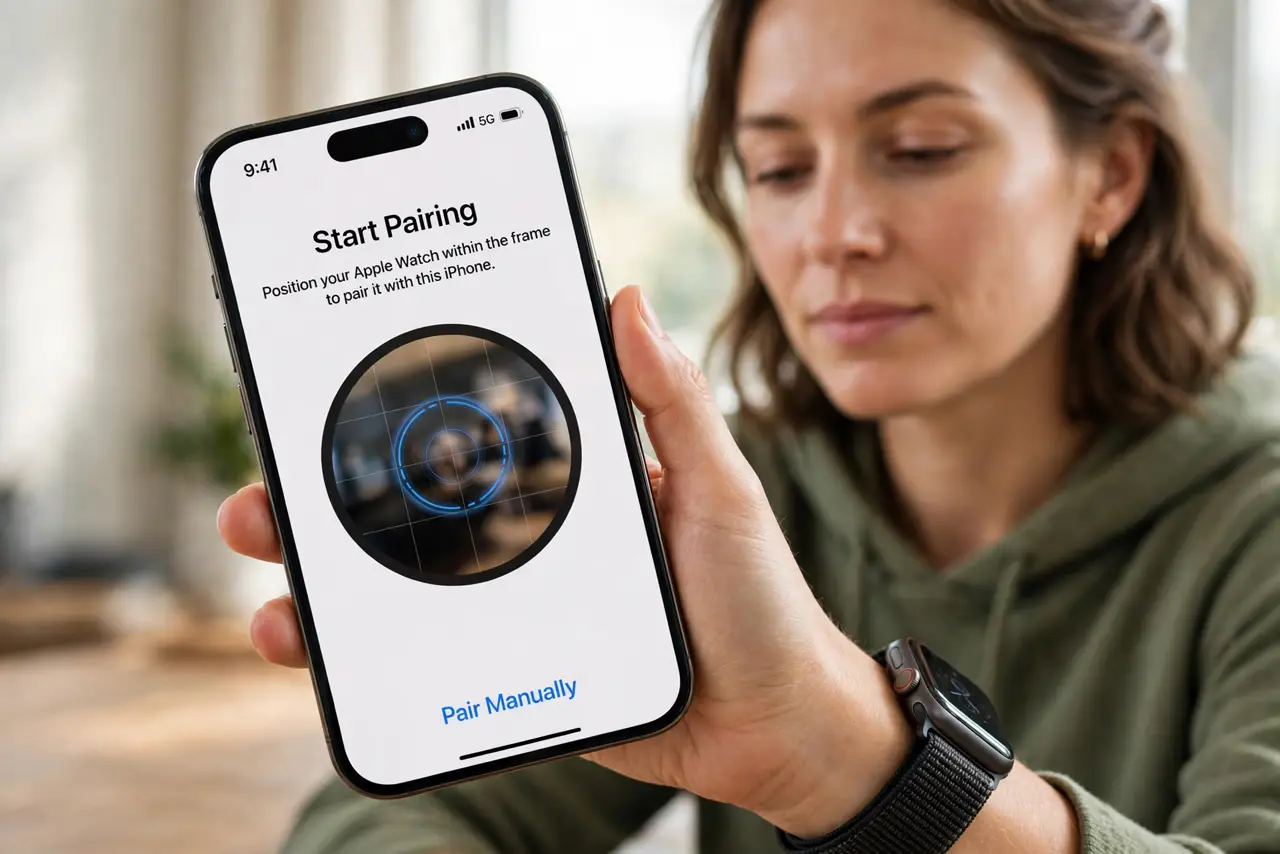 Photorealistic photo: A calm adult holding an iPhone near an Apple Watch on their wrist, the real iPhone screen showing the Watch app pairing screen with the camera viewfinder legible.