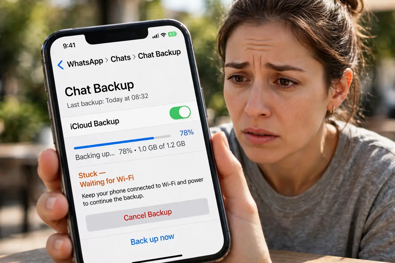 WhatsApp Backup Stuck on iPhone — a worried adult looking at WhatsApp backup settings on an iPhone showing a stuck progress bar with fully legib