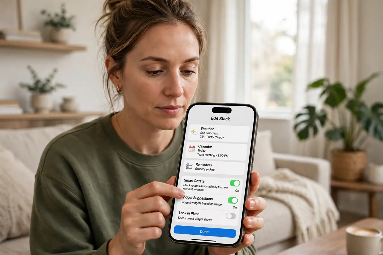 a person long-pressing a real iPhone widget stack showing the Smart Rotate toggle with legible text, home screen visible, the person's face thoughtful, living room.