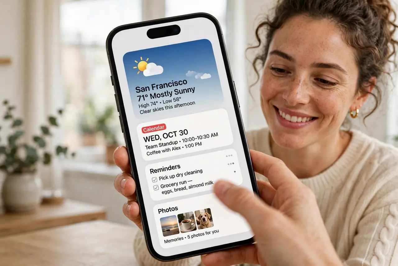 A person swiping through a real iPhone widget stack on the home screen with legible widgets, the person's face satisfied, bright room.