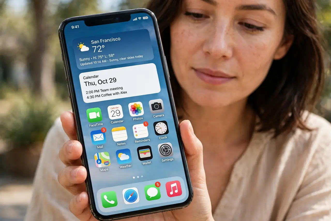 Photorealistic photo: A calm adult holding a real iPhone, the real Home Screen visible complete and legible with a widget showing current information, the person looking at the phone calmly.