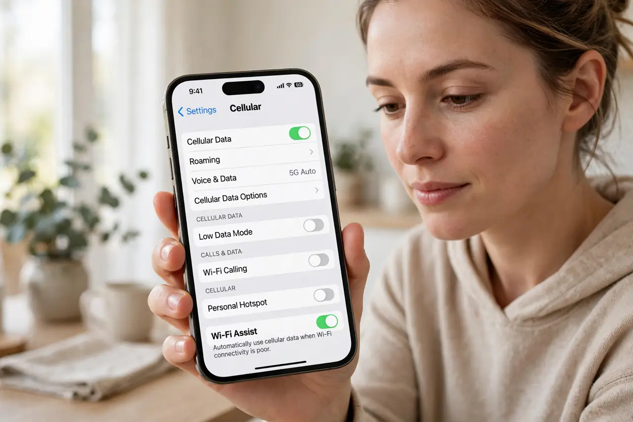 Photoreal photo of a person performing the first step: Find the Wi-Fi Assist toggle. Open Settings, tap Cellular (or Mobile Data), and scroll all t...