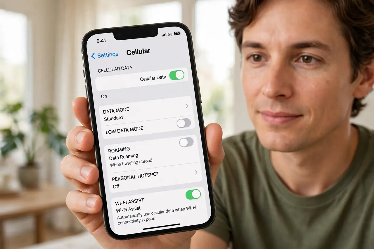 Photoreal photo: a person holding a real iPhone showing the legible Cellular settings screen with the Wi-Fi Assist toggle visible, the person's face determined, bright room. No black screen, no blank white screen, ...