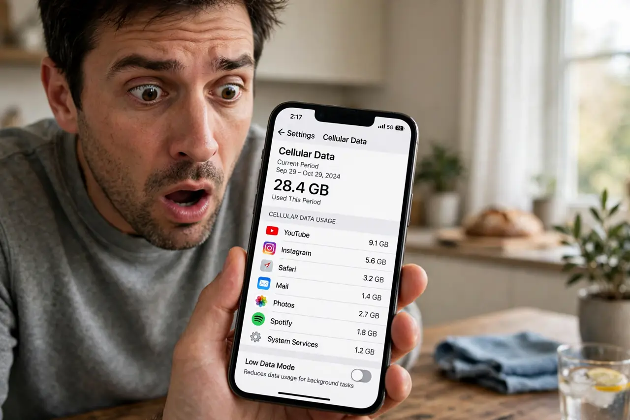 Wi-Fi Assist Eats Your Mobile Data — a shocked adult looking at a real iPhone showing mobile data usage statistics with fully legible numbers, the