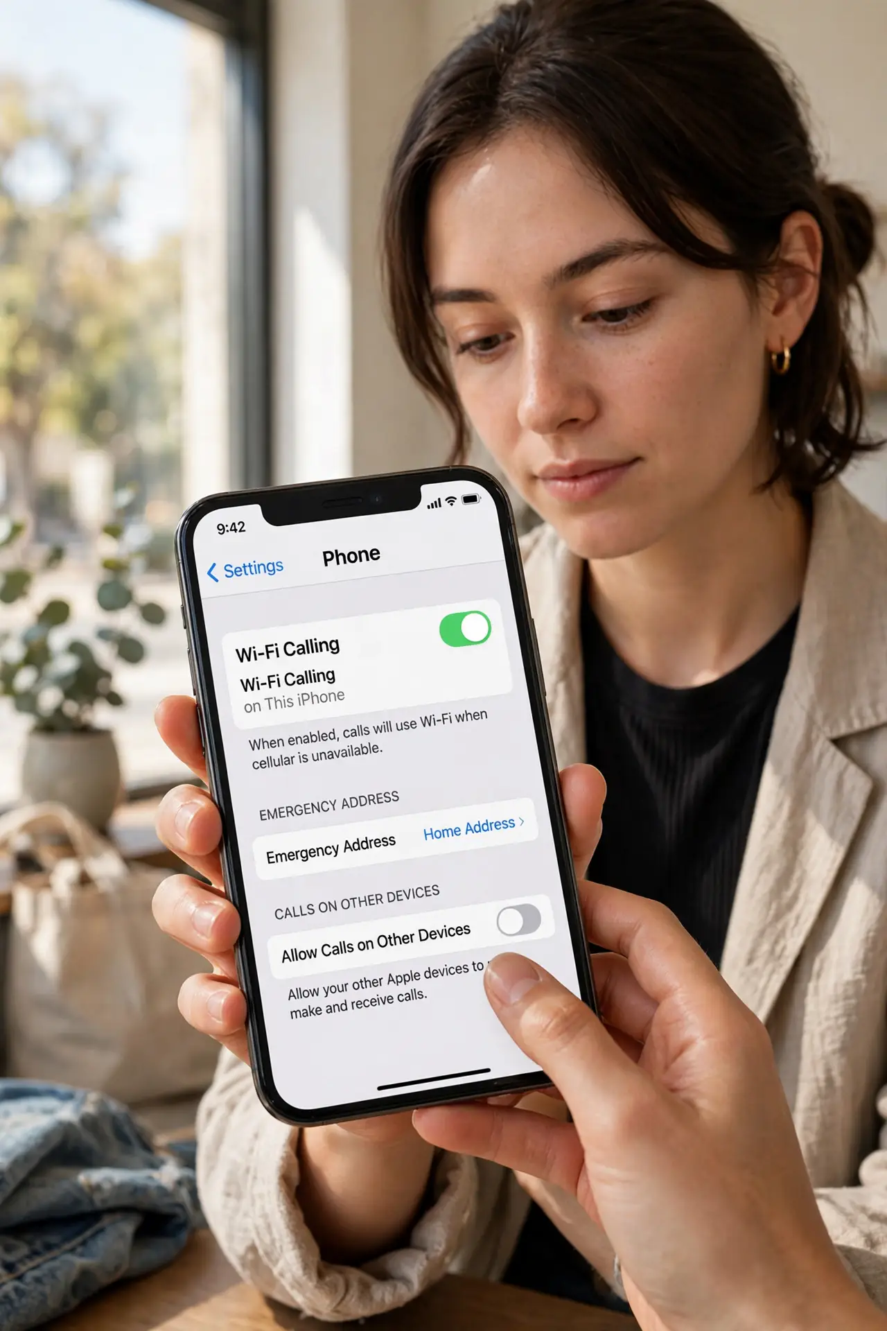 Photoreal photo of a person performing the first step: Enable Wi-Fi calling before you leave. On iPhone: Settings, Phone, Wi-Fi Calling, toggle on. On