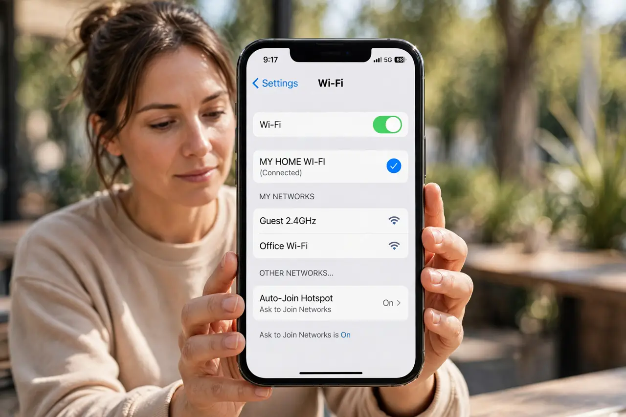 a calm adult holding a real iPhone with the screen locked, Wi-Fi settings visible on the real screen complete and legible after unlocking, the person checking connection calmly.