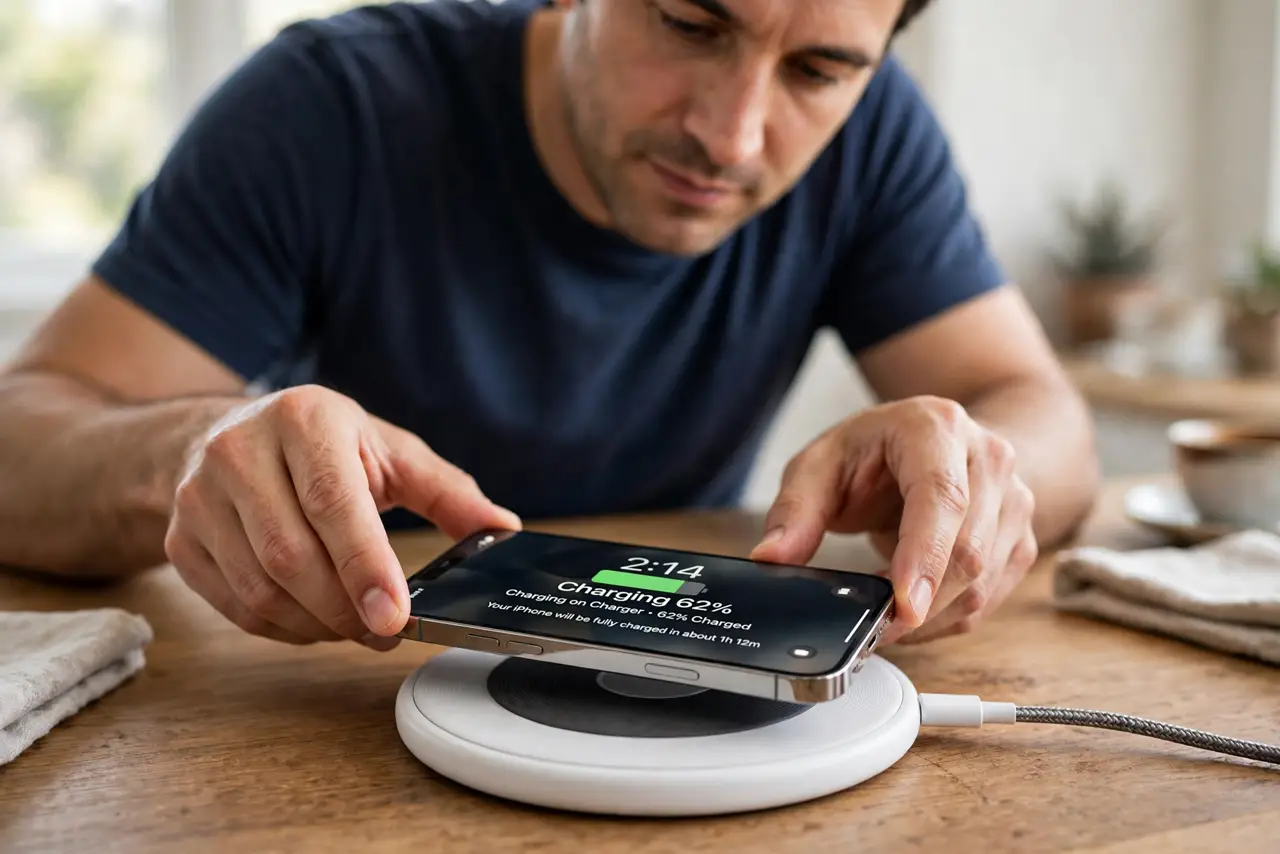 Step 1 in action for Wireless Charging Too Slow: Center the phone on the coil.
